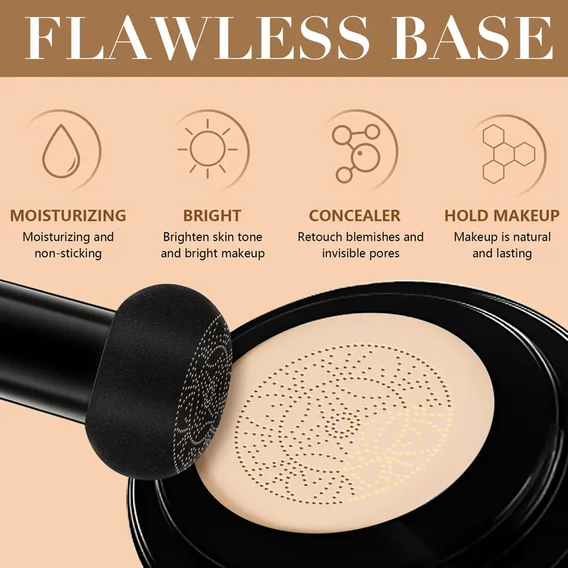 Moisturizing CC Cream with 2 Mushroom Head Powder Brush, 2 Counts/set Natural Long Lasting Makeup Foundation, Facial Makeup Product for Women 6