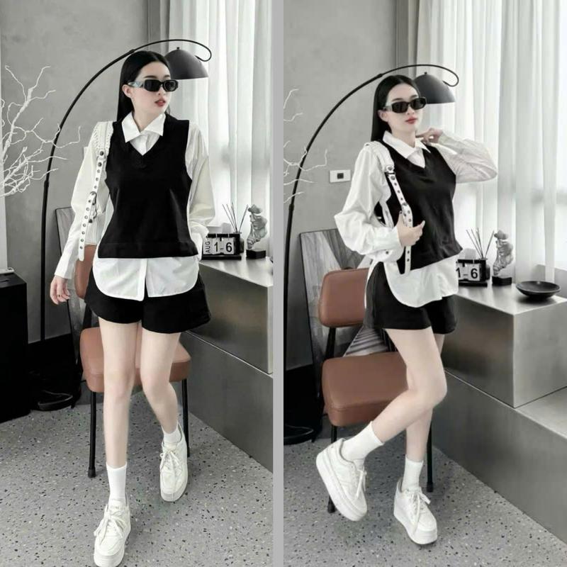 Set đồ bigsize nữ áo sơ mi trắng phối ghi lê chất ruby kèm quần đùi ống rộng xinh xắn cho chuppy SET944 