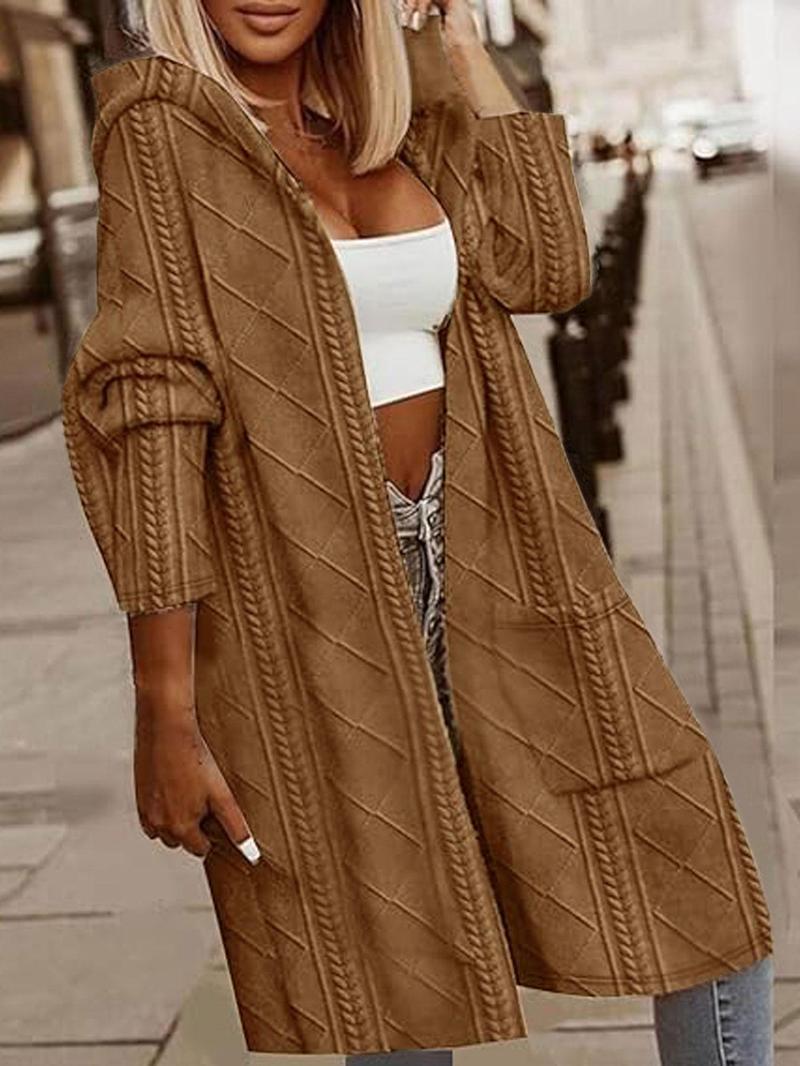 Product Introduction of Plus Size Solid Pocket Drop Shoulder Hooded Jacket, Casual Long Sleeve Open Front Outerwear for Fall & Winter, Women's Clothes for Daily Wear Valentine's Day, gift 5