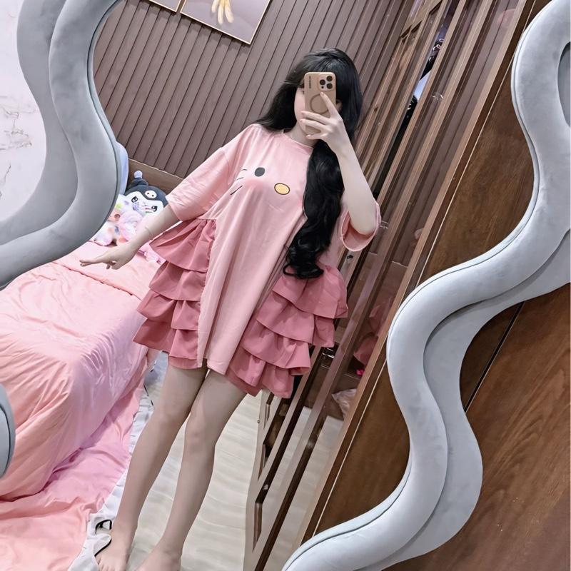 TBB Đầm Babydoll Thun Cotton In Hình Mèo Dễ Thương. Đầm Mặc Thường Ngày. 1
