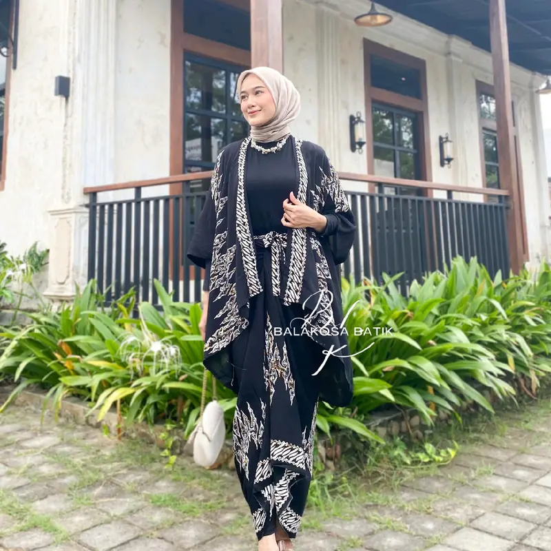 OUTFIT KONDANGAN SIMPEL ONE SET BATIK OUTER ROK LILIT KIMONO WANITA RAYON GLOYOR MOTIF ETNIQ OVERSIZE MODERN Muslim Setelan Simple 0