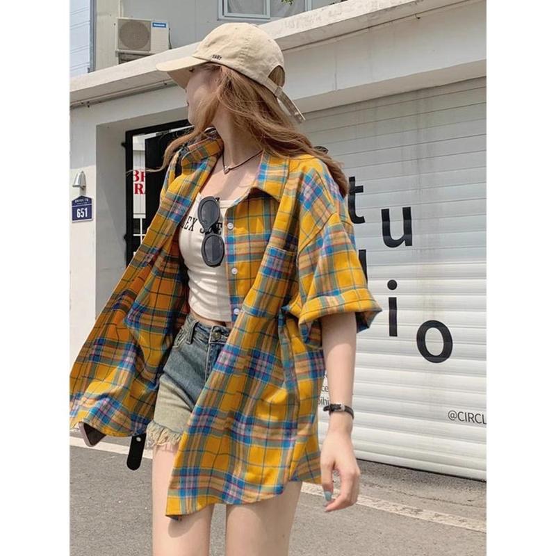 Áo Sơ Mi Kẻ Ca Rô Áo Sơ Mi Dài Áo Sơ Mi Mỏng Bộ Đồ Chống Nắng Áo Sơ Mi Kẻ Sọc ngắn Tay Màu Vàng Cổ Điển Áo Sơ Mi Nữ Mùa Hè Dài Trung Bình Dáng Rộng Phong Cách BF Thường Ngày Thiết Kế Đẹp Độc Đáo
