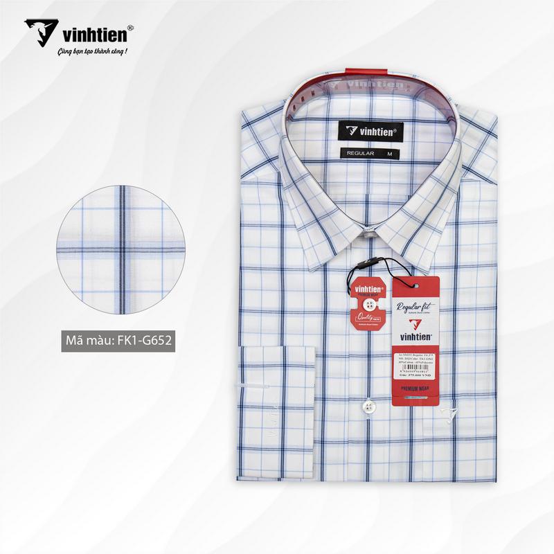  Áo Sơ Mi Vĩnh Tiến Dài Tay Sọc Caro Phom Regular Vạt Ngang Cotton 375 - Mẫu 1 Nam Menswear Shirt Có Cổ 