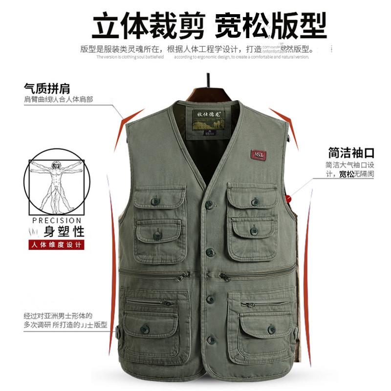Product Introduction of Spring and Autumn Pure Cotton Men's Vest Middle-Aged and Elderly Hurdle Vest Jacket Men's Dad Button with Buttons Multi-Pocket Vest Menswear Tops Lingerie Gilet Waistcoat Beige Plain Human Tropical 11