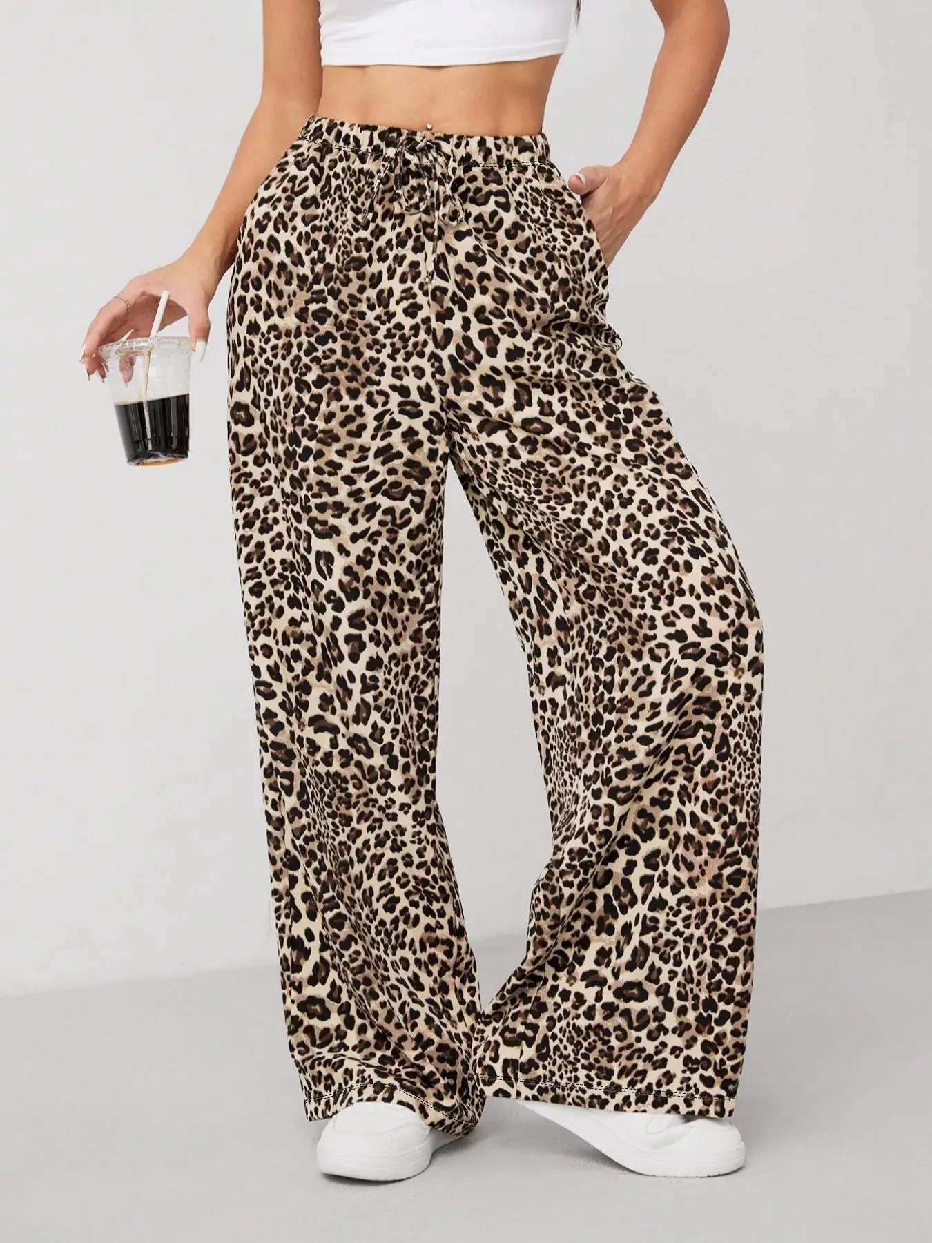 【Plus Size】 Leopard Print Drawstring Waist Wide Leg Pants, Casual Pocket Trousers for Daily Wear, Women's Bottoms for All Seasons