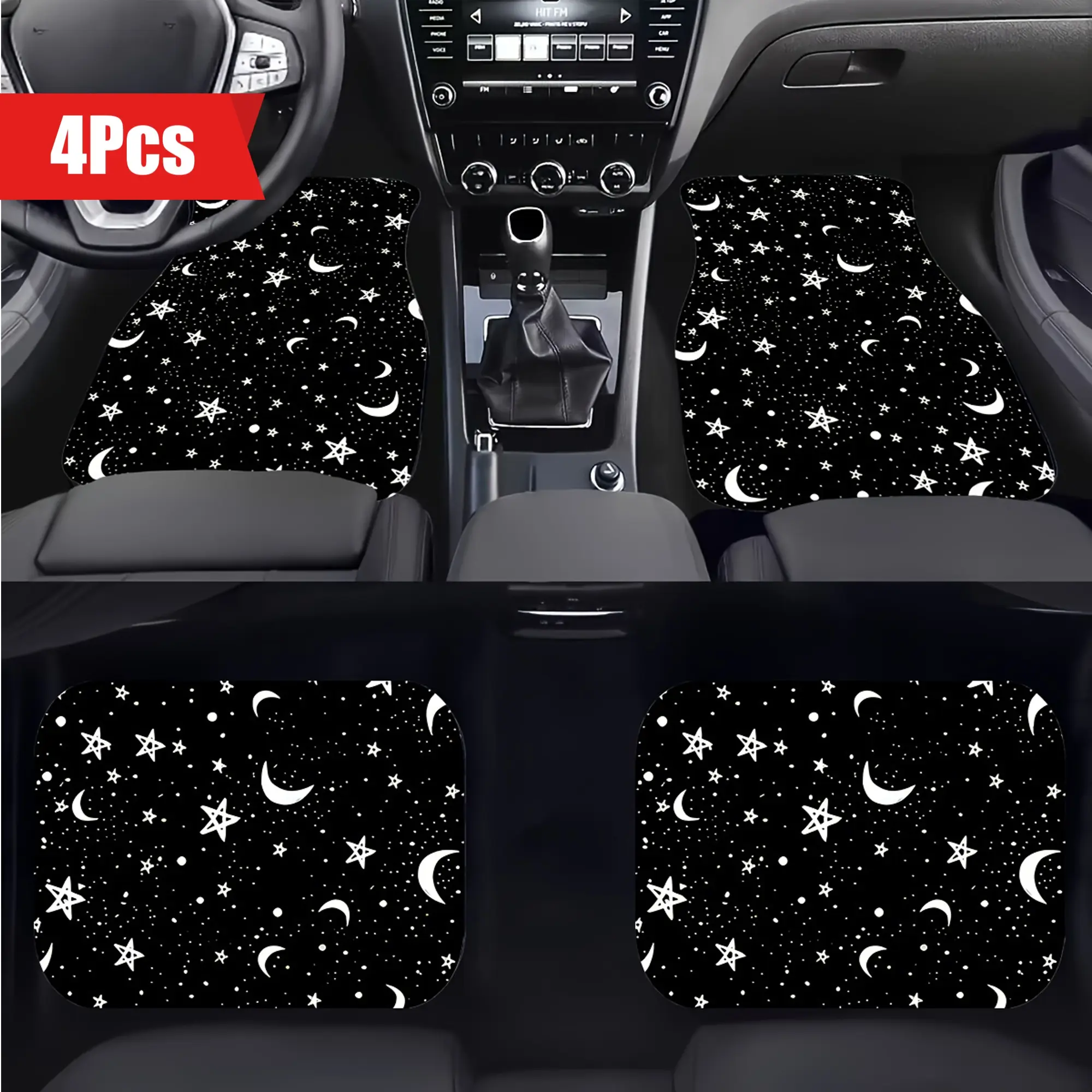 4pcs Universal Star And Moon Printed Car Floor Mats, Non-Slip Automotive Accessories