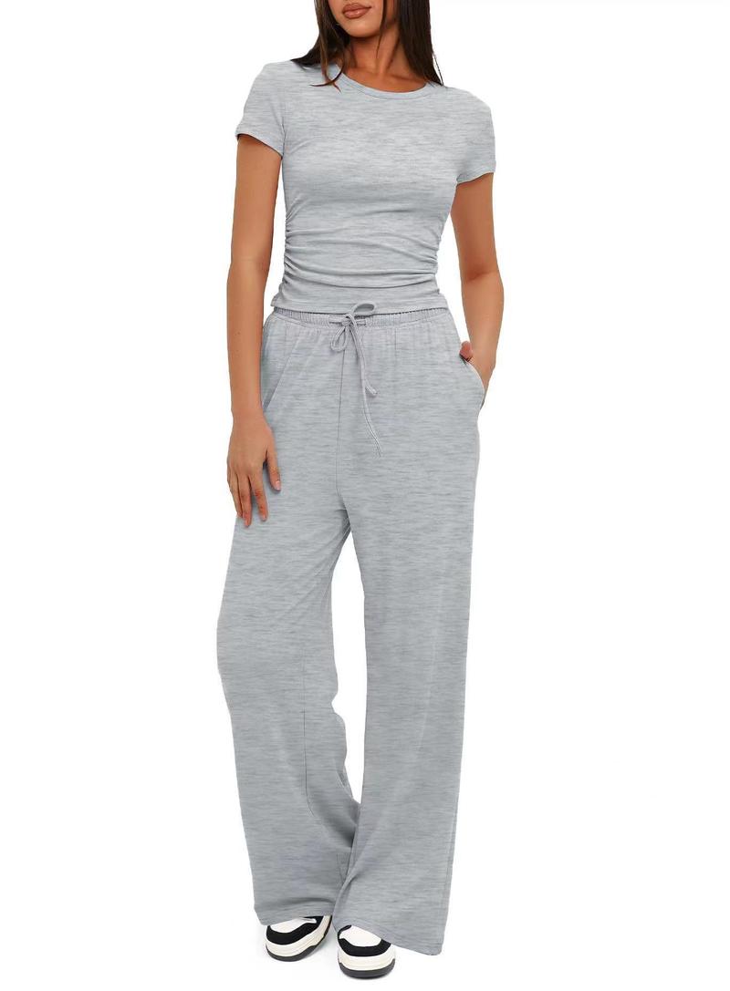 Product Introduction of Women's Solid Round Neck Tee & Pants Loungewear Two/Six Piece Set, Casual Comfy Pyjama Set for Women, Comfy Loungewear Set for Daily Home Wear Pajamas Nightwear Womenswear Pjs Homewear Comfort Hip Basic Black Minimalist women's  tracksuits 5