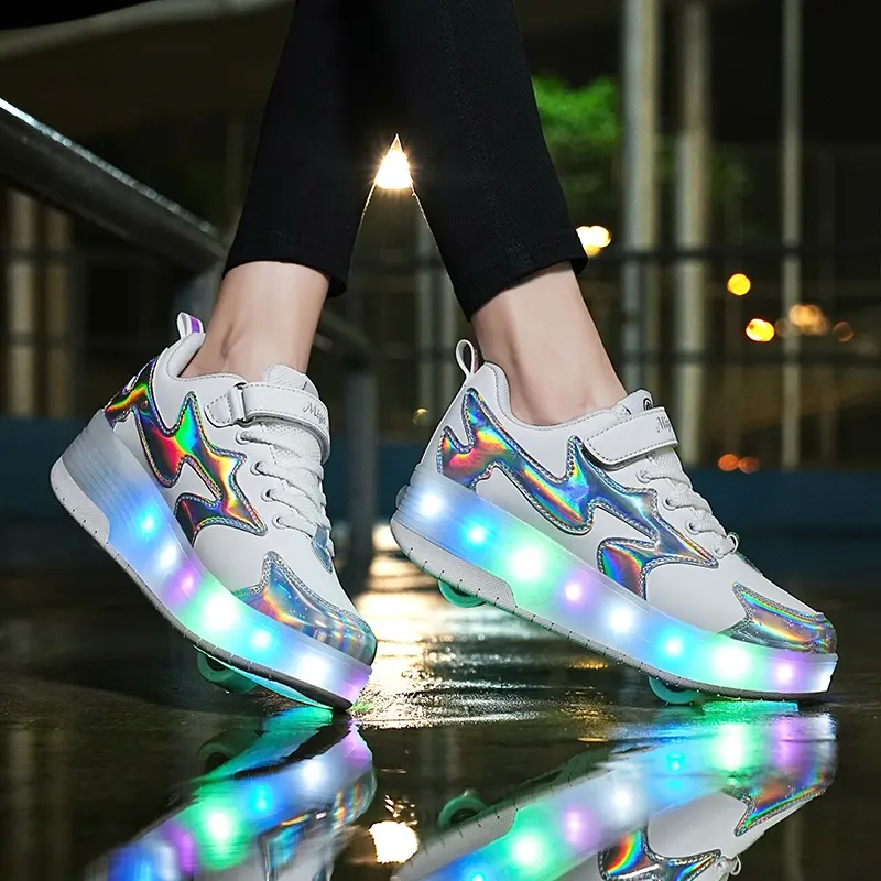 Sequin sneakers double wheel Heelys parent-child roller skates charging LED shoes kids luminous shoes size 28-40 wheel shoes