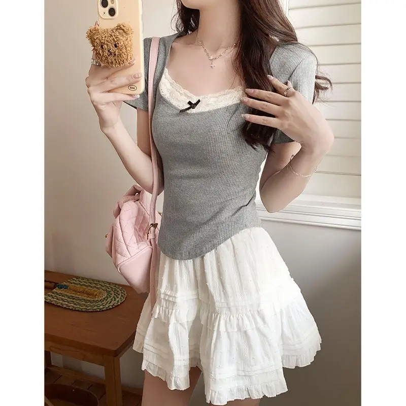 Áo thun cổ vuông phối ren đính nơ lai bầu sơ minu Nữ Women