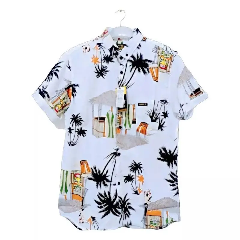 Kemeja motif gubuk putih lengan pendek Casual Katun Pria Distro 0