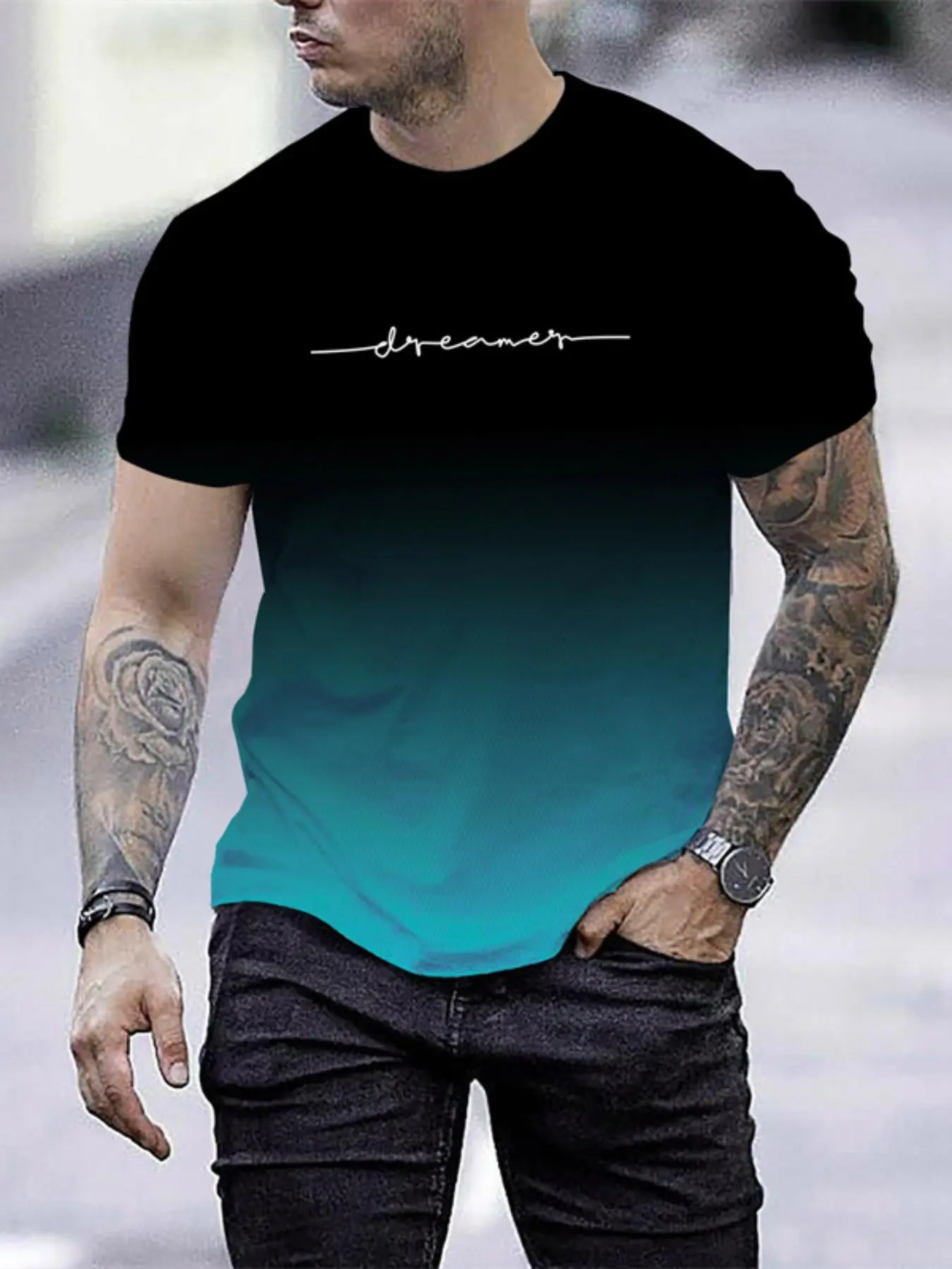 Men's Ombre Letter Print Short Sleeve Graphic Tee, Regular Fit Casual Comfy Round Neck T-shirt for Summer, Fashion Men's Top for Daily Wear
