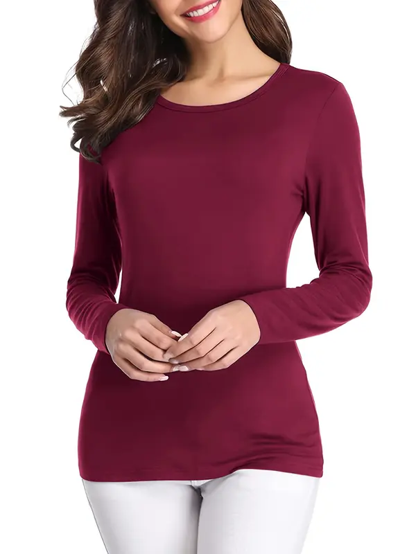 Women's Solid Round Neck Tee, Casual Basic Long Sleeve T-shirt, Ladies Spring & Fall Tops for Daily Wear 4