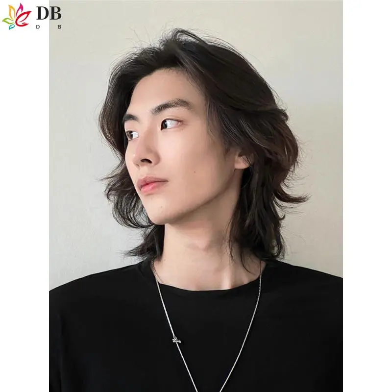 Wig kepala belanak untuk anak laki-laki gaya ulang tahun rambut lurus panjang berlapis ekor serigala penutup rambut panggung pertunjukan berbulu alami penutup kepala penuh