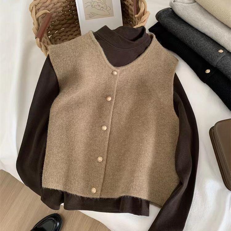 Áo Vest Dệt Kim, Phong Cách Nhẹ Nhàng, Một Hàng,, Nút Vàng, Cổ Tròn, Áo Ba Lỗ Không Tay Phong Cách Hàn Quốc, Dành Cho Nữ, Có Thể Mặc Ngoài Trời 7
