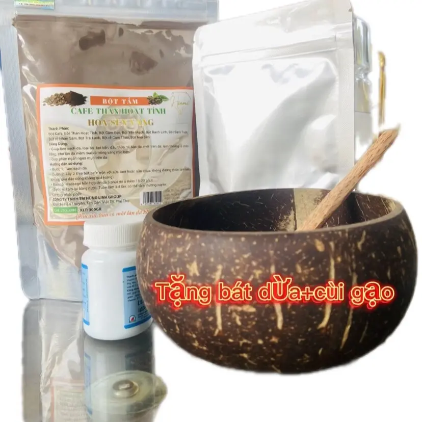 [Sale]Bột Tắm Trắng Cafe Than Hoạt Tính Hoa Sen Vàng(Tặng bát dừa+cùi gạo) Làm Đẹp Da Dưỡng Da Body Dưỡng Body