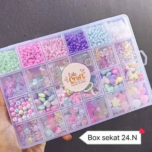 Best Seller !!! Premium paket manik Mote box 24 sekat free senar elastis Bahan Premium Kerajinan Anak Anak DIY ~ Aisyahstore88