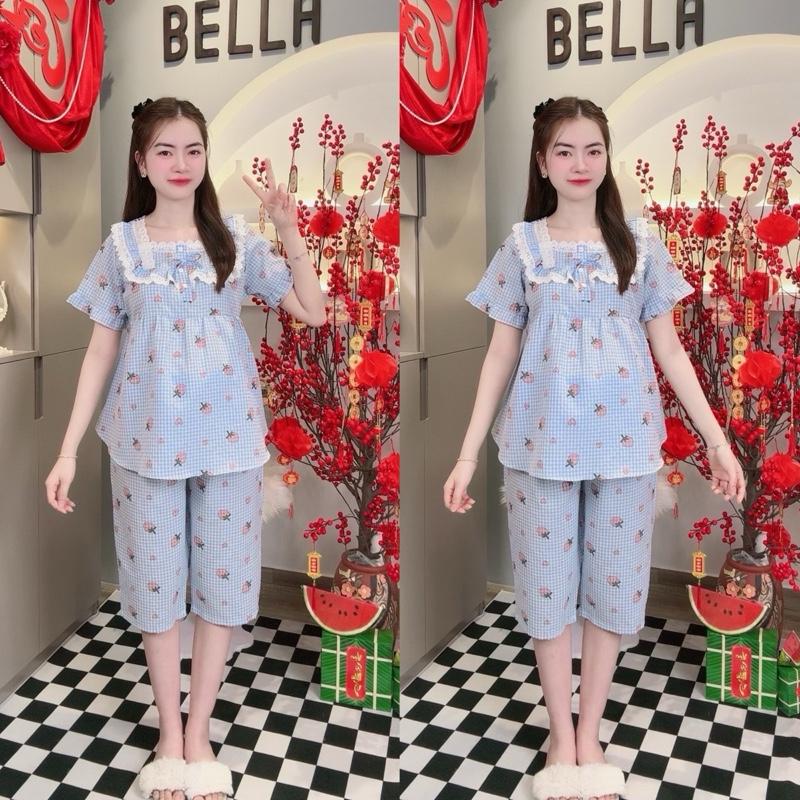 ẢNH THẬT 40 - 75kg Bộ Bầu Lửng Trái Dâu Áo Có Nút Gài Hai Bên Quần Chun Chỉnh Chất Cotton Caro Mềm Mát Thoải Mái Cho Mẹ Bầu