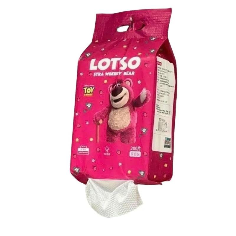 Túi Khăn lau cotton 200 tờ Gấu Dâu đa năng 20x20cm - khăn gấu lotso treo tường dạng rút mềm mại an toàn cho da Giấy Ăn Khăn Giấy Làm Sạch