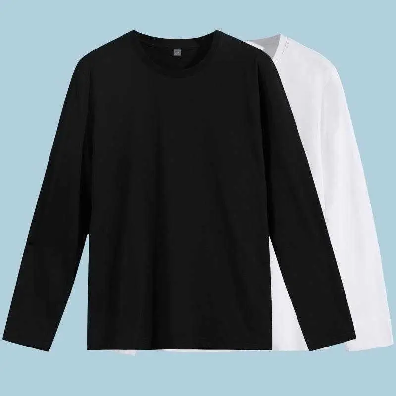 Kemeja-T Lengan Panjang Kapas Tulen, Warna Hitam Pepejal, Untuk Lelaki, Warna Polos, Semua Hitam, Leher Bulat Mudah, Baju Asas Lengan Panjang Hitam, Sesuai untuk Musim Luruh