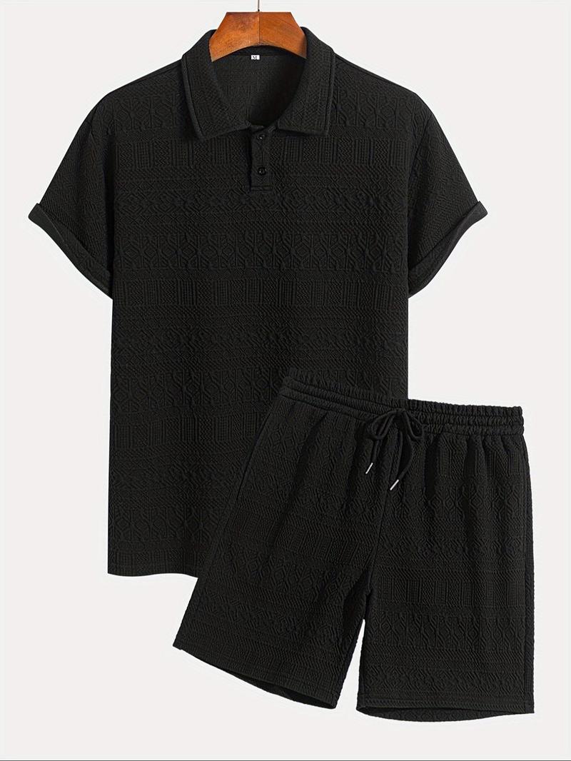 Product Introduction of Men's Jacquard Polo Shirt & Shorts Set, Regular Fit Casual Short Sleeve Collared Top & Drawstring Waist Shorts, Summer Clothes Set for Men 5