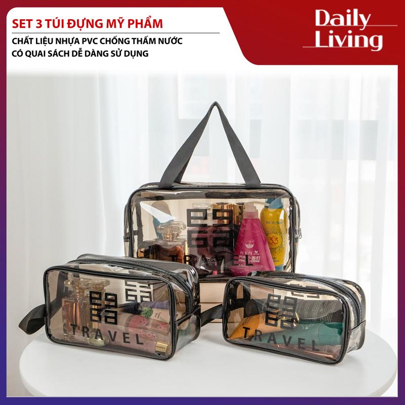 Set 3 Túi Đựng Mỹ Phẩm Trong Suốt DLS Túi Đựng Đồ Trang Điểm Túi Du Lịch Trong Suốt Chống Thấm Nước Chất Liệu Nhựa PVC Dày Dặn Có Quai Sách Chắc Chắn Bag