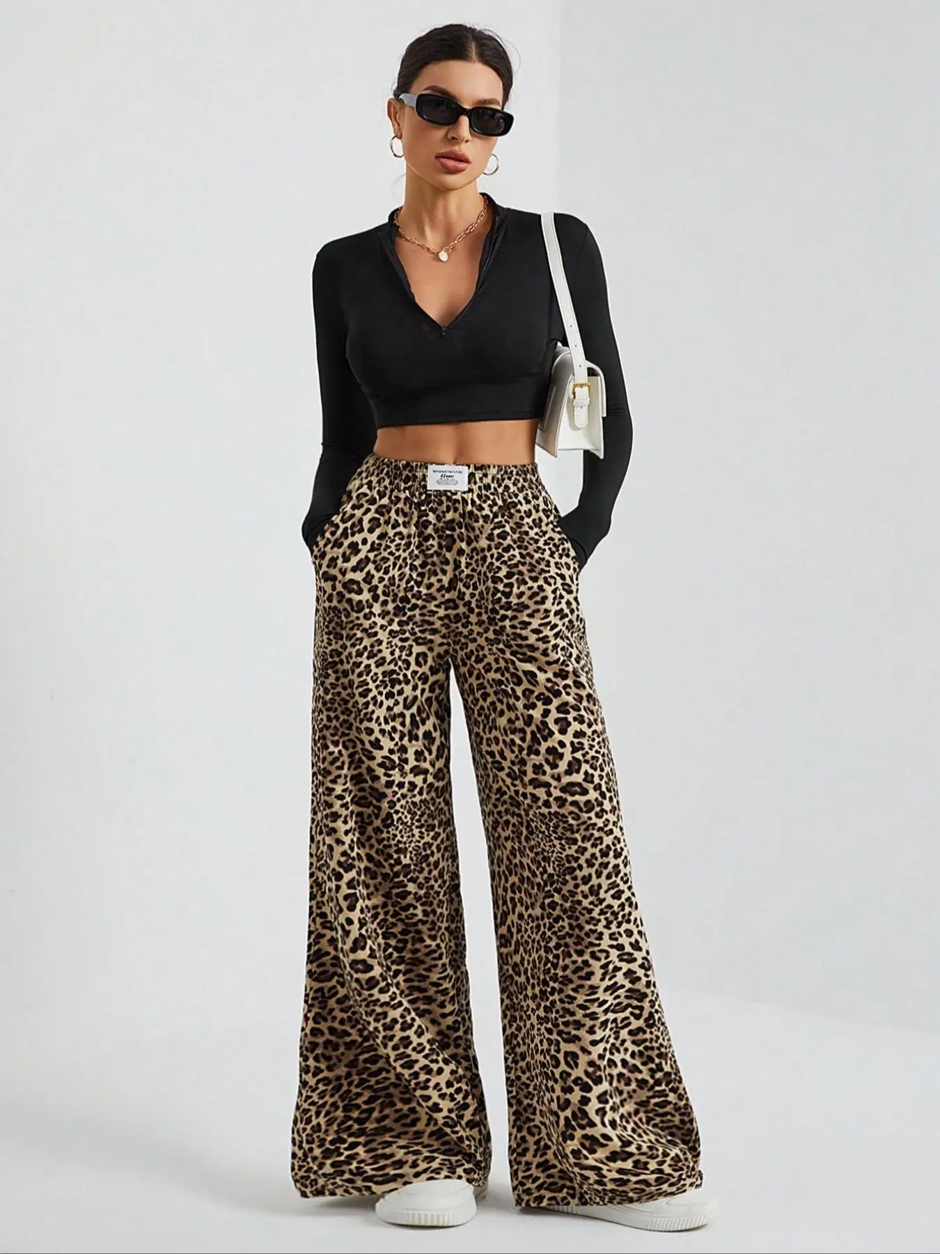 Women's Leopard Print Wide Leg Sweatpants, Casual Comfy Trousers for Daily Wear, Ladies Bottoms for Fall & Winter
