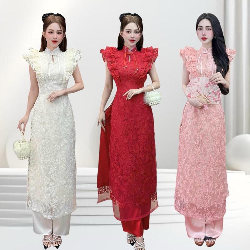 ( KHÔNG KÈM QUẠT ) Set áo dài tết thiết kế CRAZYTEEN S5453 dành cho nữ gồm áo dài cổ phối bèo dáng có eo và quần suông để đi chơi ( Áo dài/ Quần suông )