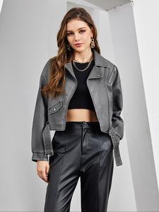 Women's Solid Belted Zip Up Crop Jacket, Fashion Casual Drop Shoulder Long Sleeve Lapel Outerwear for Daily Outdoor Wear, Ladies Clothes for Fall & Winter