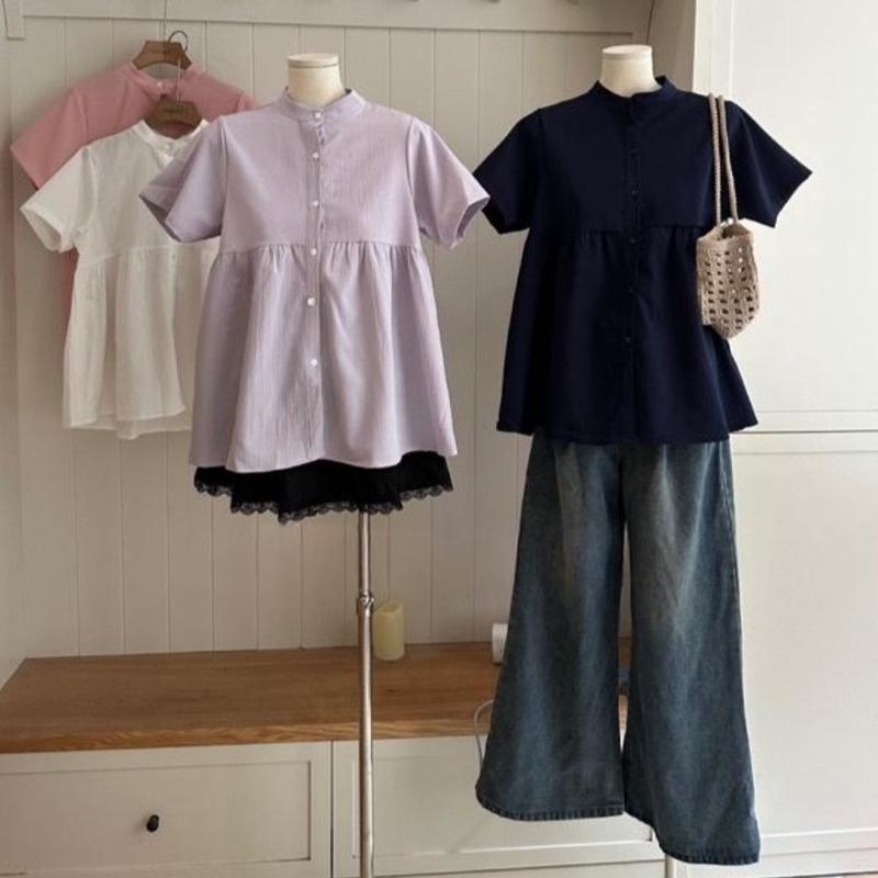 Áo sơ mi nữ A.608, Áo sơ mi cổ tàu tay ngắn dáng babydoll kèm cúc dọc thân phong cách dễ thương - Shop Chấm Bi