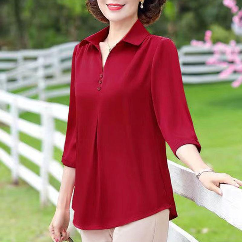 Bqudyzy-Áo Mùa Hè Cho Mẹ, Cổ Áo Rẽ Xuống, Nút Màu Trơn, Tay Áo Ba Phần Tư, Áo Chui Đầu, Quần Phù Hợp, Áo Phông Trung Niên Thường Ngày Cộng Với Kích Thướ, Quần Áo Mùa Xuân Cho Nữ 3