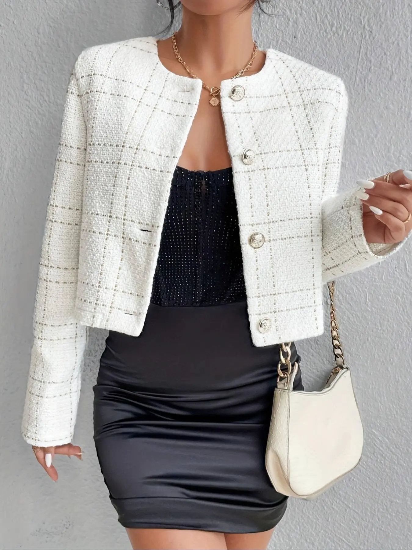 Women's Plaid Jacquard  Button Front  Jacket, Elegant Long Sleeve Round Neck Outerwear for Spring & Fall, Ladies Clothes for Work Office Business