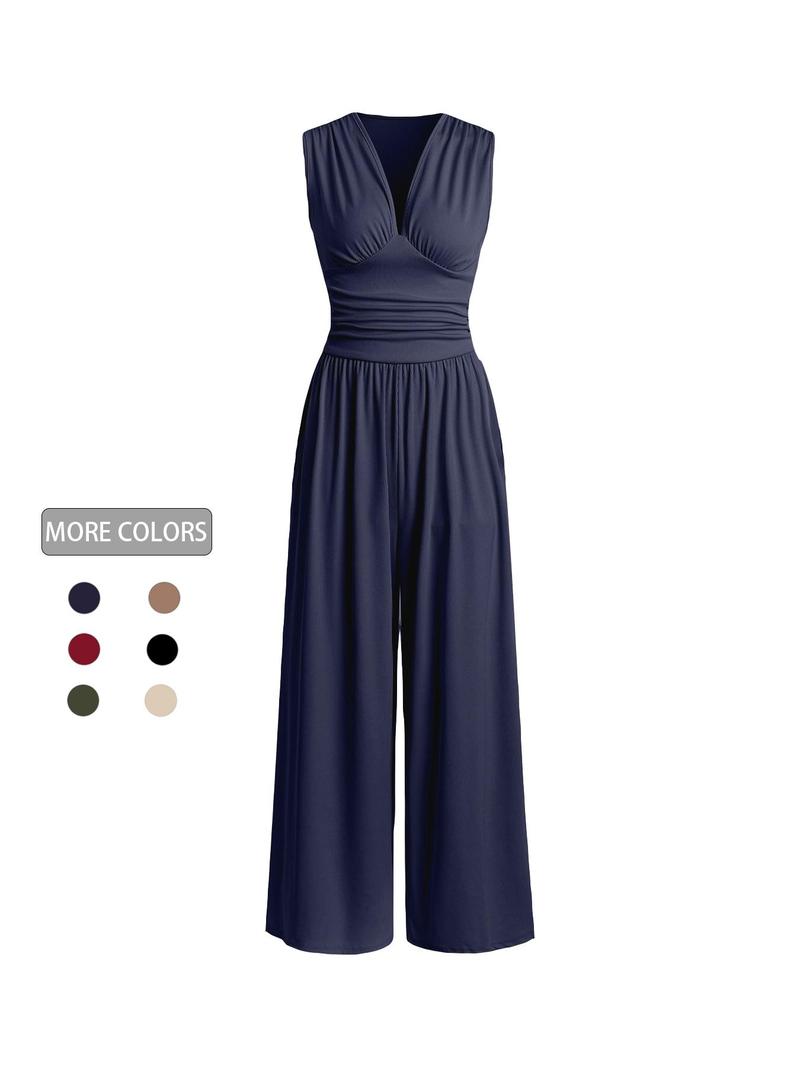 Product Introduction of Women's Plain Ruched Deep V Neck Ribbed Jumpsuit, Elegant Sleeveless Wide Leg Jumpsuit for Summer, Back to School Outfits, Ladies Clothes for Beach Holiday Vacation 2
