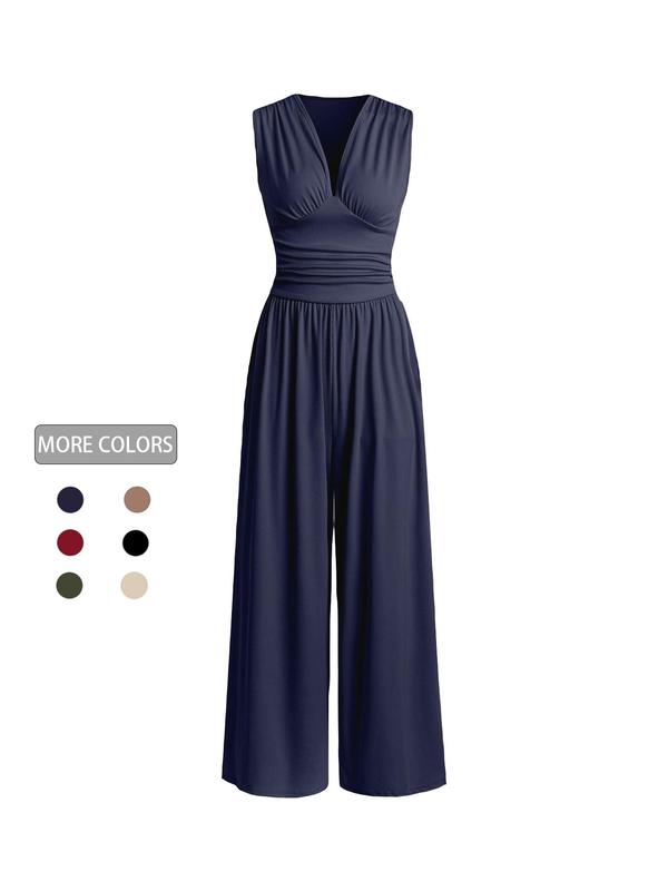 Women's Plain Ruched Deep V Neck Ribbed Jumpsuit, Elegant Sleeveless Wide Leg Jumpsuit for Summer, Back To School Outfits, Ladies Clothes for Beach Holiday Vacation,  Curve Fashion Womenswear Overalls 0