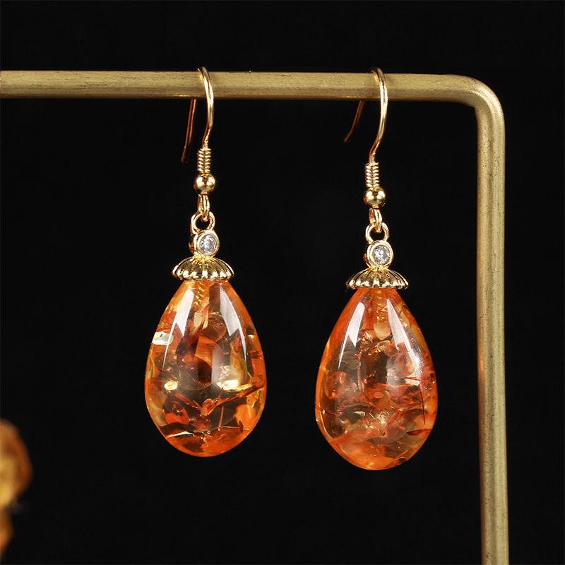 Product Introduction of Natural amber floral earrings, fashionable and versatile women's earrings, ethnic style earrings, pure silver ancient gold ear hooks 1