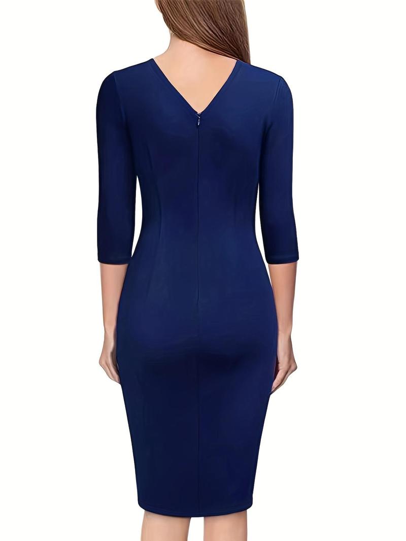 Product Introduction of Women's Plain V Neck Belted Wrap Ruched Knee Length Bodycon Dress, Elegant Asymmetrical Hem Dress, Women's Spring & Fall Clothes For Work Office Business 8