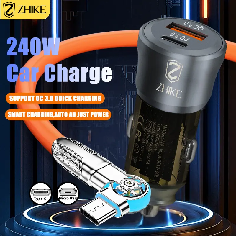 ZHIKE Car Charger for Android Type C Mirco USB iOS Port for Car Socket Cellphone Charges Fast Charging Phone Charger Cable With Adapter 240 Watts Length 1.5m Compatible with iPhone Galaxy Xiaomi