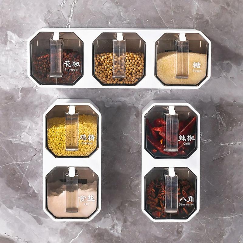 Durable Plastic Seasoning Boxes 2/3 Grid Wall Mounted Condiment Tank With Spoon Divided Seasoning Jar Chicken 0