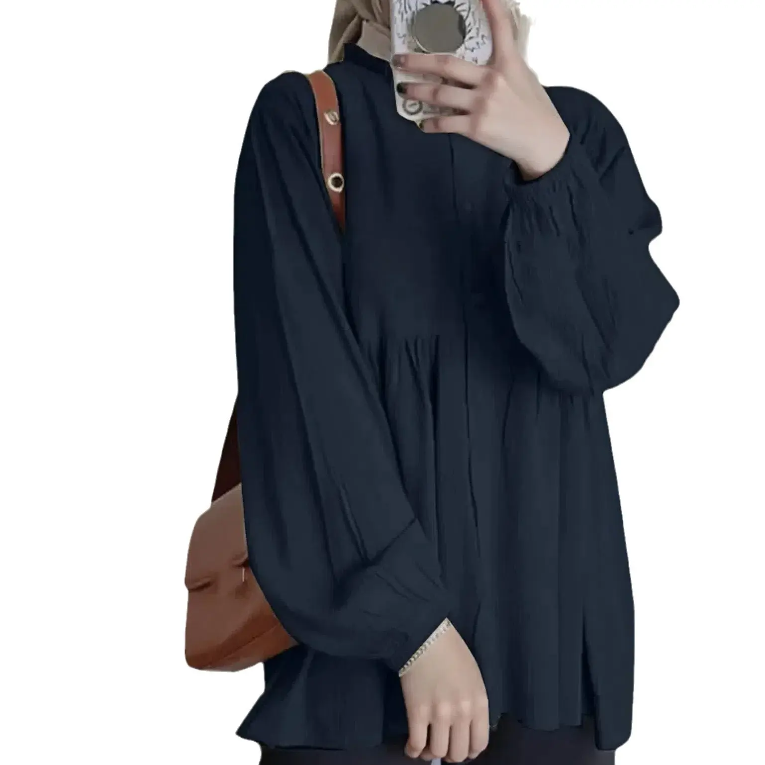 Solid Color Lantern Sleeve Cardigan Ruffled round Neck Top Muslim Blouse bat wing green muslim shirts & blouses khaki street beige muslimbrown casual Classic Loose Cotton Women's Blouse Baggi Flowy baju  qiszar  2025  perempuan