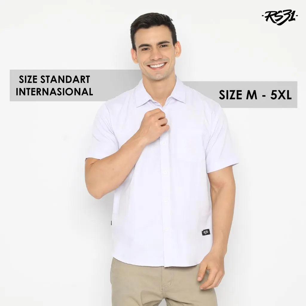RS31 Baju Cowok Kemeja Atlanta Shirt White - Kemeja Pria Polos Lengan Pendek Warna Putih, Baju Kerja, Kantor Ukuran Super Big Size/Jumbo Putih