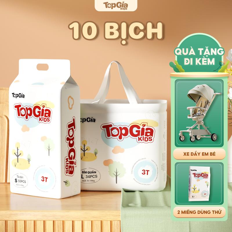10 BỊCH (TẶNG XE ĐẨY GẤP GỌN + MIẾNG DÙNG THỬ) Tã/Bỉm cho bé TOPGIAKIDS, pH < 7 ngừa hăm, đai chun đệm mây mềm mại co dãn 4 chiều, thấm hút bề mặt khô thoáng size S đến XXXL cho bé từ 4-20kg (bỉm)