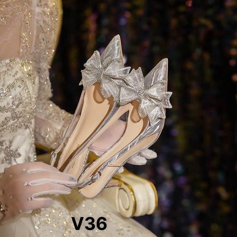 Giày cao gót kim tuyến nơ viền đá BKL2 mũi nhọn gót 9cm Nữ Shoes giay dinh