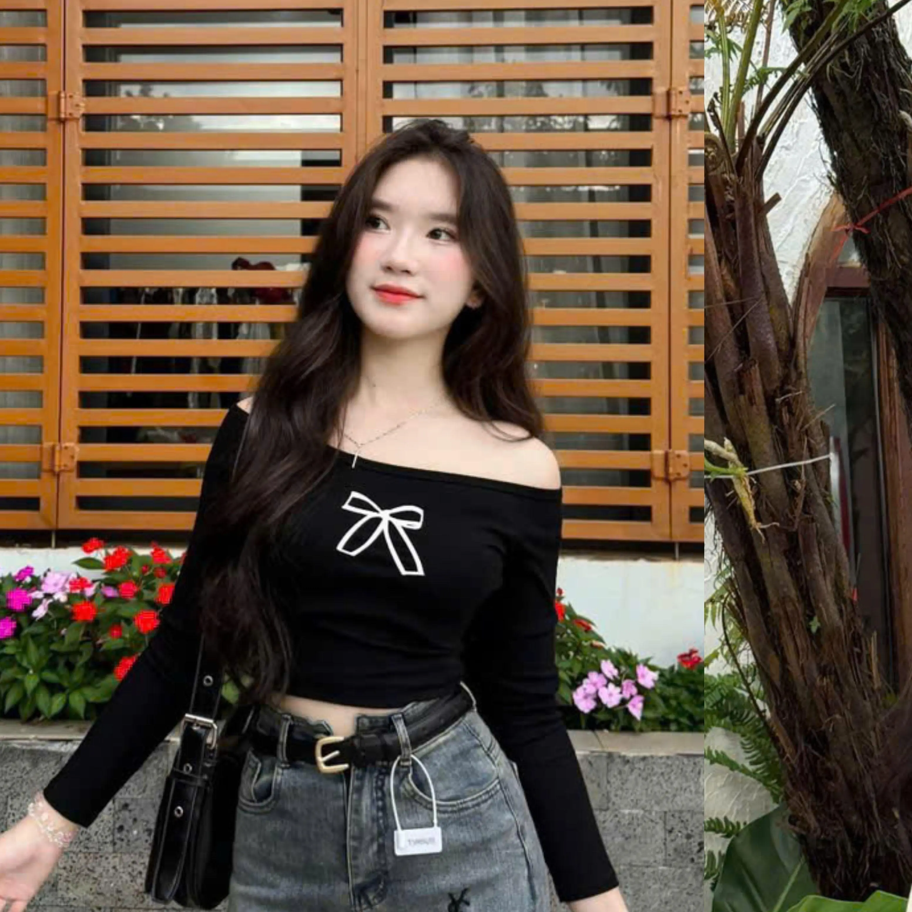 Áo Croptop Trễ Vai Dài Tay Ôm Body Thêu Nơ Đáng Yêu Co Giãn [đen/trắng/đỏ]