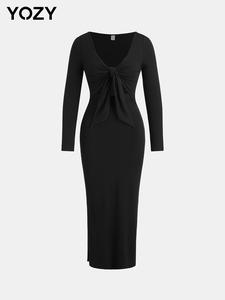 YOZY Women's Plain Cut Out Knot Front Split Bodycon Dress, Elegant Long Sleeve V Neck Rib Dress for Party Dating Wear, Ladies Clothes for All Seasons
