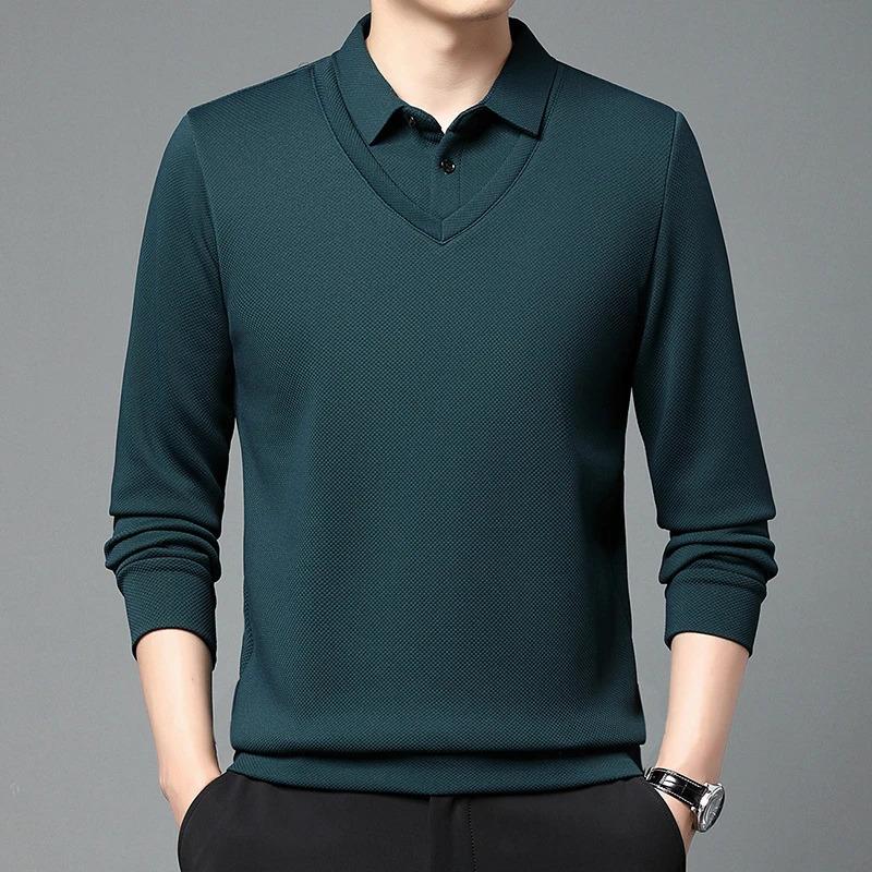 Product Introduction of Men'S Long Arm Polo Shirt Korean-Style Fake Two-Piece Business Men'S Casual Fashion Long-Sleeved Solid Color Lapel Shirts Comfortable All-Match Top For All Seasons Menswear Lingerie 22