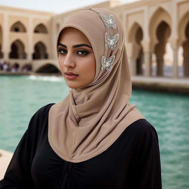 Product Introduction of Crystal Hemp Butterfly Nail Drill Instant Hijab Undercap Chin Part Solid Color Inner Cap Woman Muslim Caps Bonnet 5540cm 0