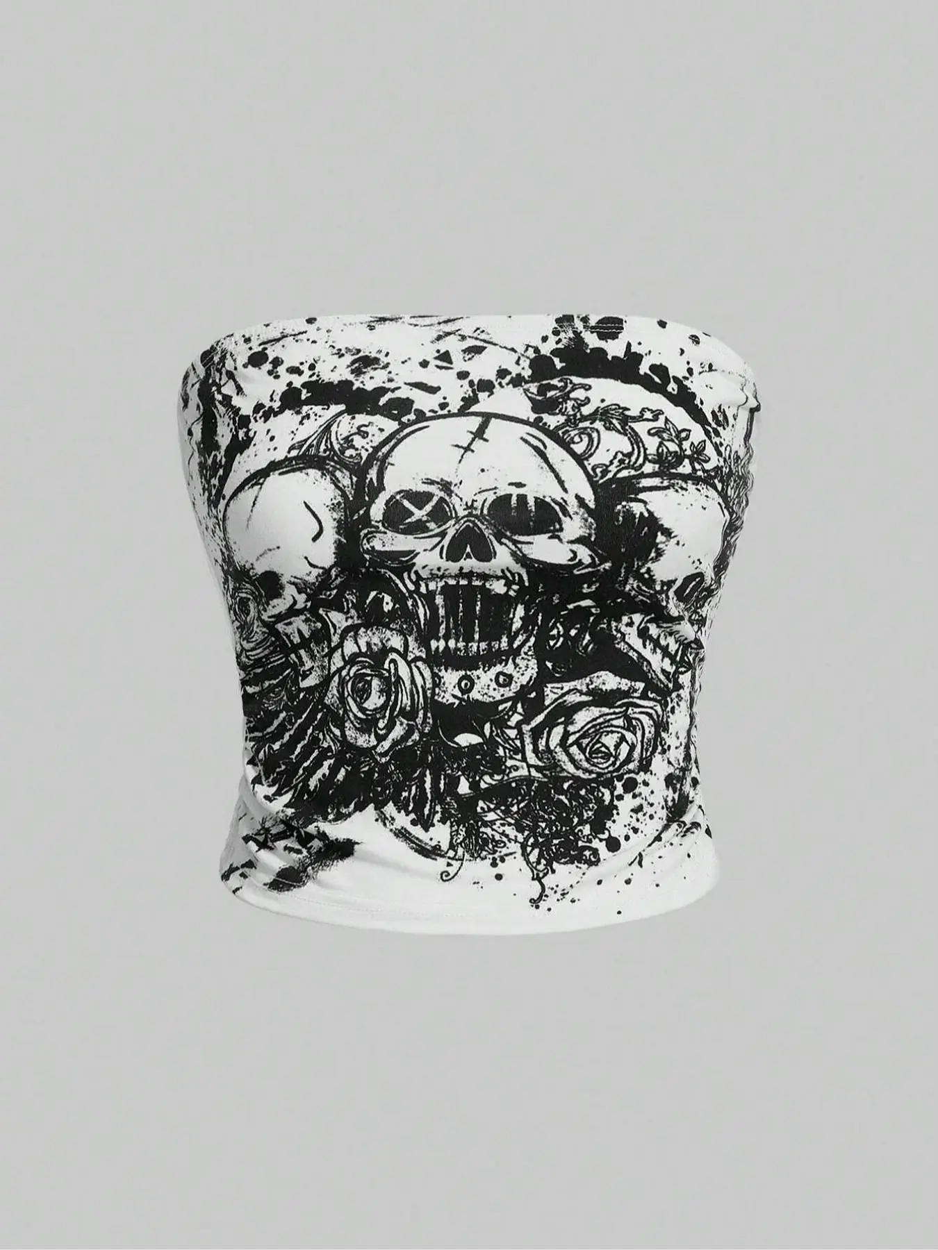 Women's Skull & Floral Print Crop Tube Top, Punk Fashion Casual Strapless Top for Daily Holiday Vacation Outdoor Wear, Ladies Clothes for All Seasons Valentine's Day, gift