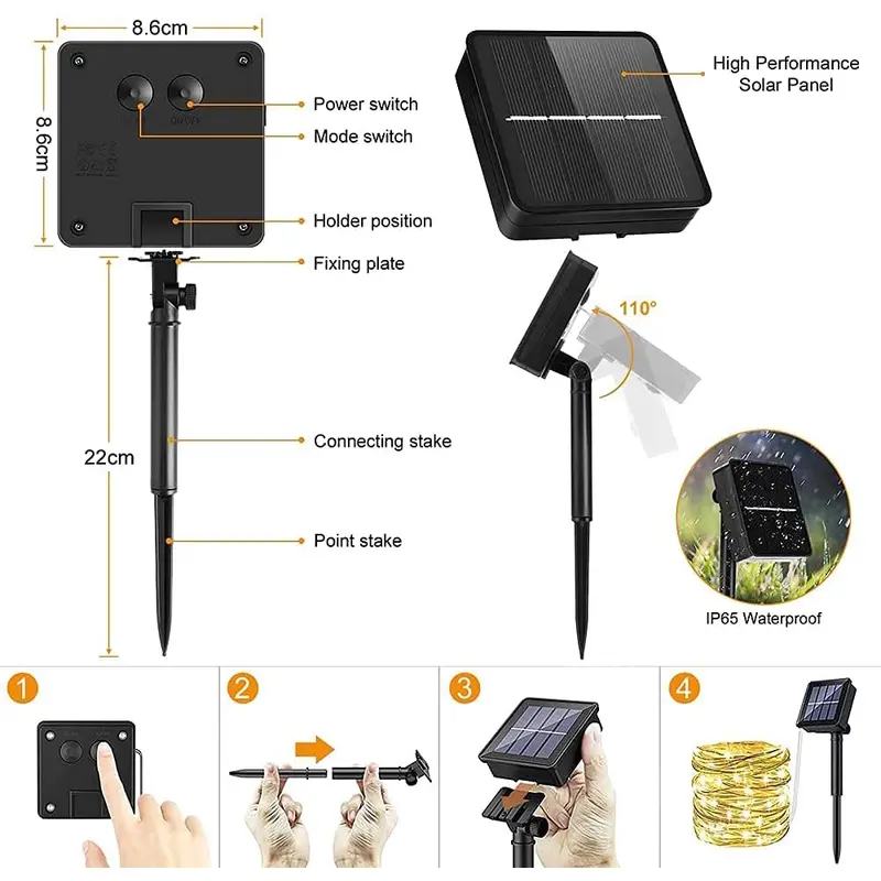 Đèn năng lượng mặt trời, Đèn dây cổ tích LED, Không thấm nước, 8 chế độ ánh sáng, Có sẵn trong 103m / 52m / 42M / 32m / 22m / 12m / 7M, Thích hợp cho sân vườn, chủ đề, cây, trang trí đám cưới, quà tặng Giáng sinh và Năm mới 7