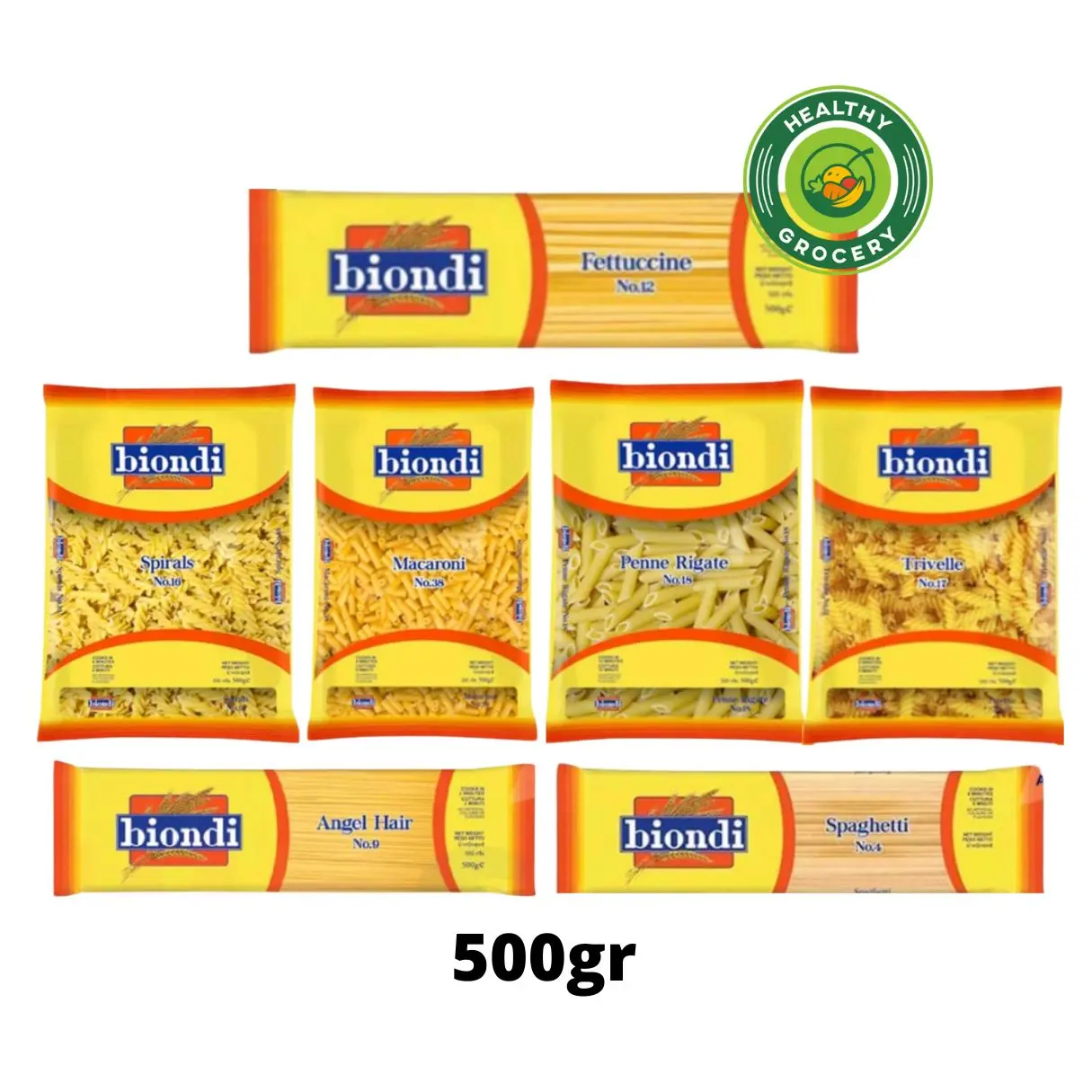 Biondi Spaghetti No.4 500gr / Pasta Spaghetti / Angel Hair No.9  /  Pasta Elbow No.35 / Pasta Fettucine No.12 / Pasta Macaroni No.38 / Pasta Penne Rigate No.18 / Pasta Trivelle No.17