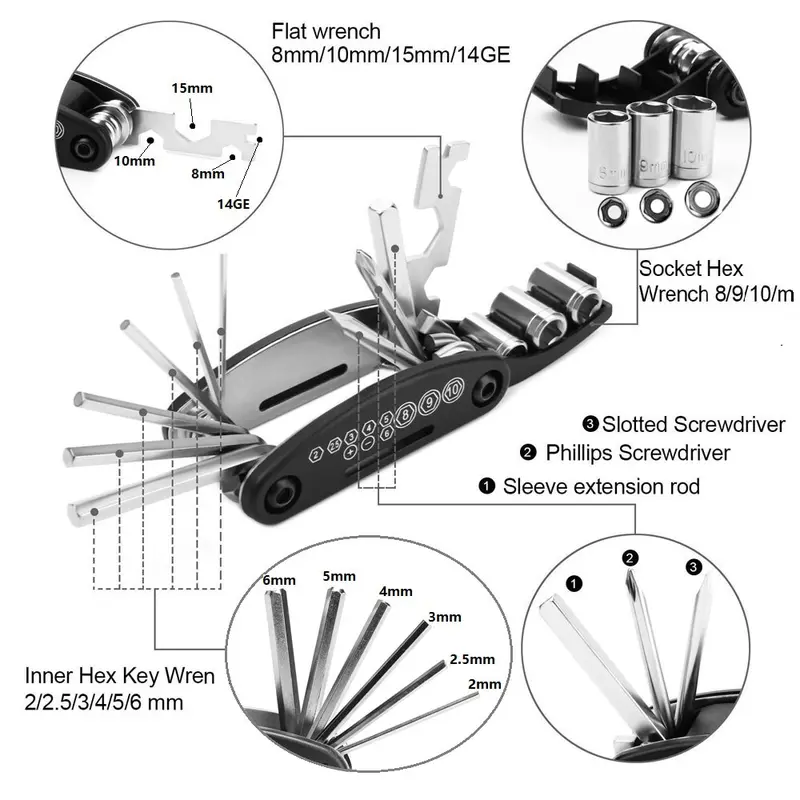 16 in 1 Kunci pas Lipat mini Set Kunci Sepeda motor 16 Tools 16in1 Kunci 8 9 10 ring pas L Obeng 1