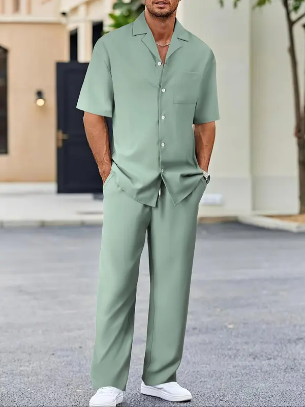 Two-Piece Set Men's Solid Button Front Shirt & Drawstring Waist Straight Leg Pants, Regular Fit Casual Lapel Neck Short Sleeve Top & Pocket Trousers for Daily Wear, Men's Two-piece Outfits for Spring & Fall & Summer, Menswear, Clothes 4